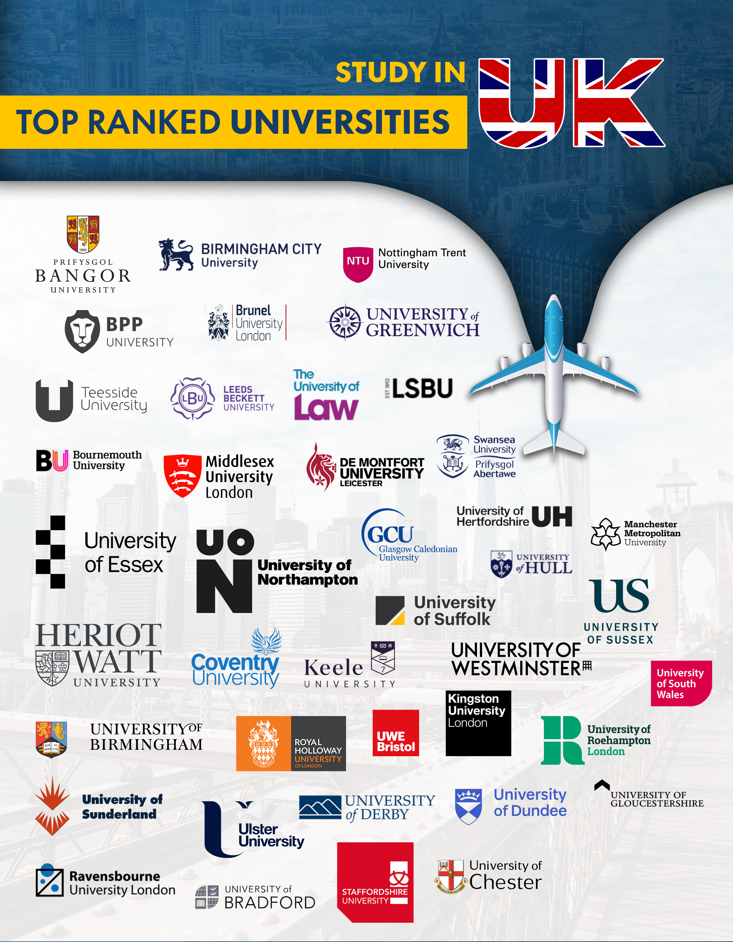 Study in the UK - Top Ranked Universities for Pakistani Students: A collage of logos from prestigious UK universities, including University of Birmingham, Nottingham Trent University, University of Westminster, University of Sussex, Coventry University, and more. Highlighting educational opportunities in the UK for Pakistani students.