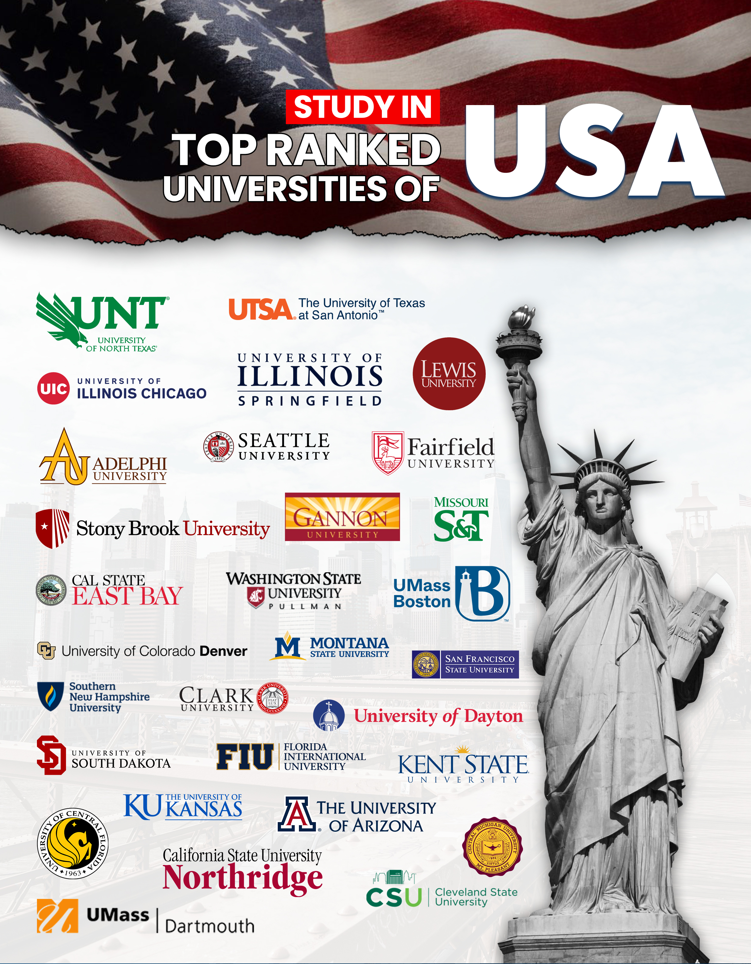 Graphic featuring the Statue of Liberty in grayscale with a color overlay of the United States flag, symbolizing freedom and education. Superimposed are logos of top-ranked universities in the USA, including The University of Texas at San Antonio, University of Illinois at Chicago, Lewis University, and others, representing diverse higher education options available for students with ASK Consultants.