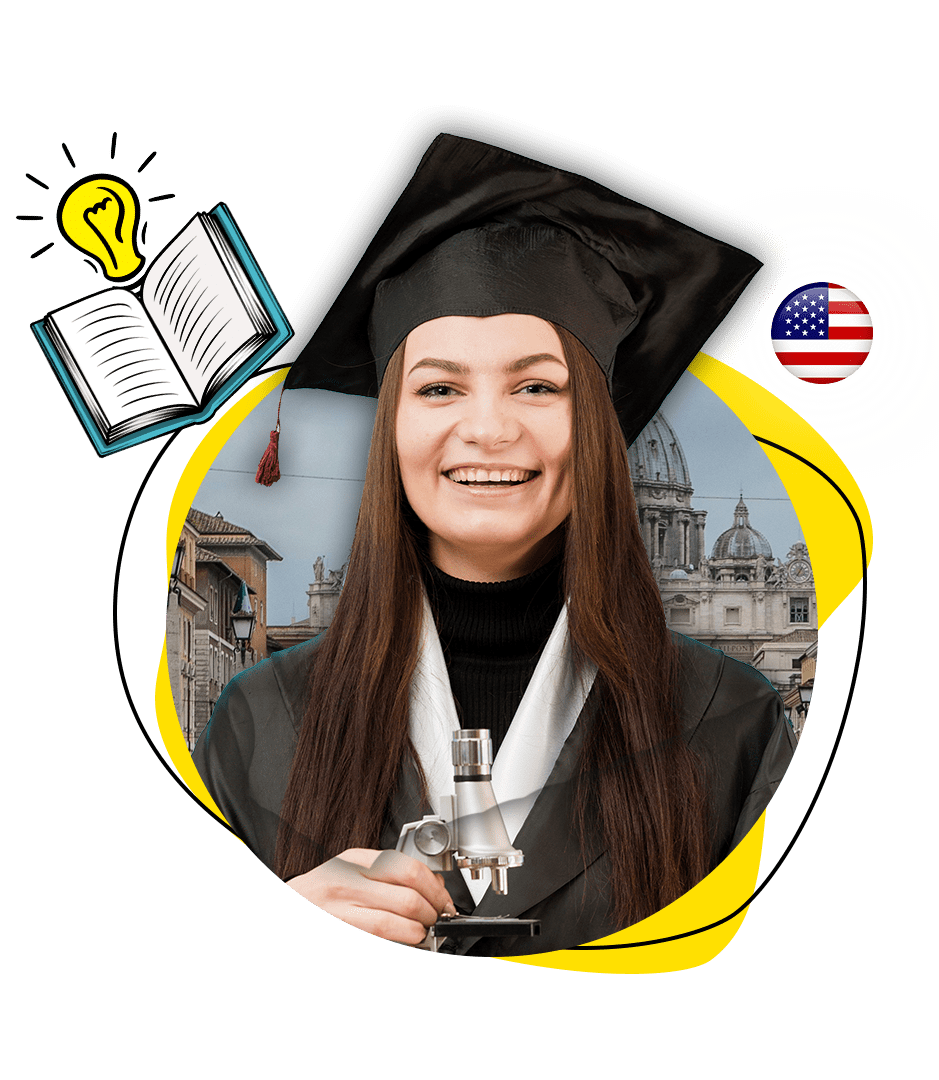 Study in the USA with ASK Consultants: A smiling graduate holding a microscope, wearing a cap and gown, representing opportunities for Pakistani students to study in the USA. An American flag icon and education symbols like a book and light bulb highlight academic excellence and growth with the support of ASK Consultants.