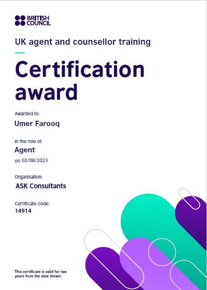 British Council UK agent and counsellor training certification award for Umer Farooq as an Agent on 02/08/2023 from ASK Consultants, the best educational consultants in Pakistan, providing study abroad services