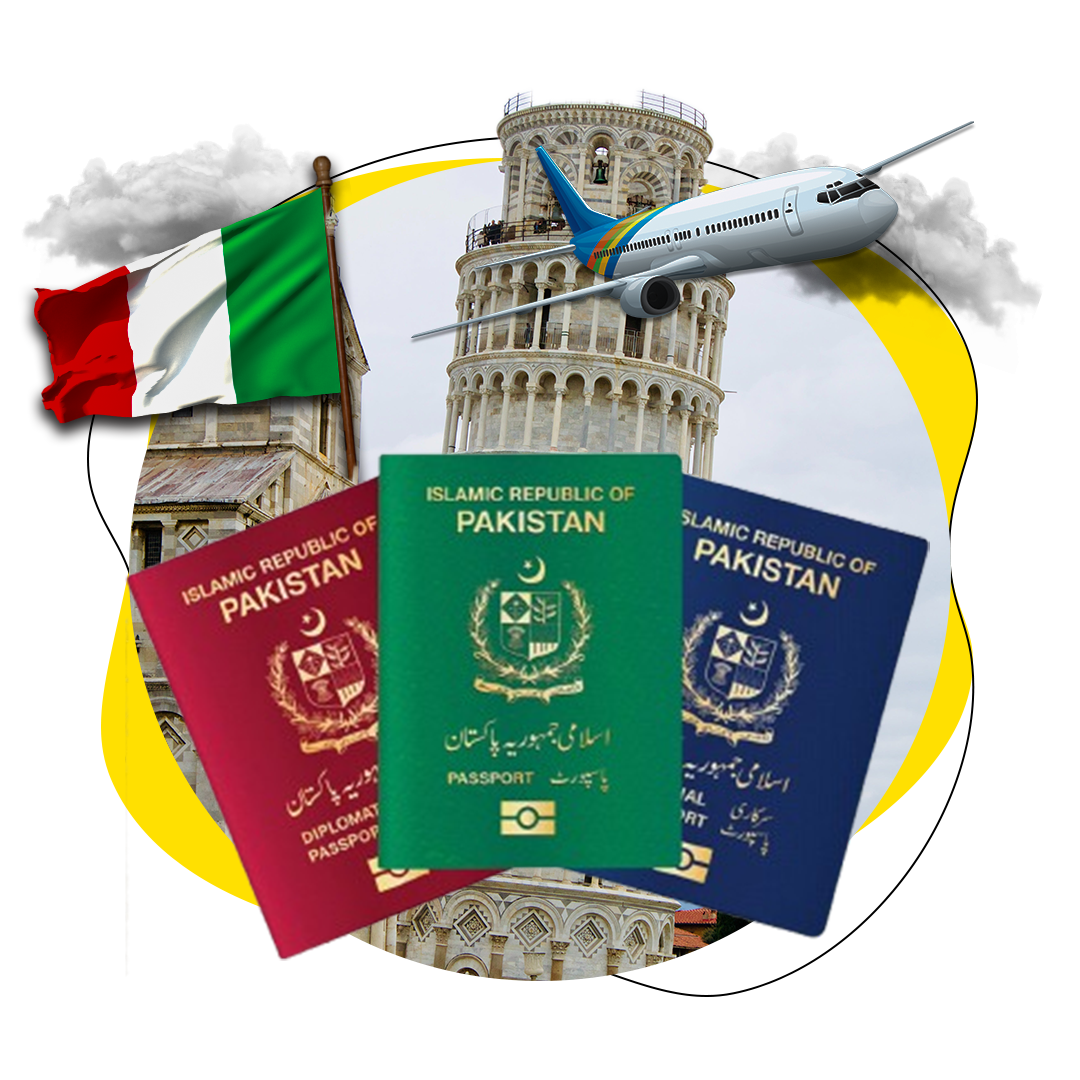 Image of three Pakistani passports (diplomatic, official, and regular) placed in front of the Leaning Tower of Pisa, with an airplane flying overhead and the Italian flag in the background. The image symbolizes studying abroad in Italy for Pakistani students.