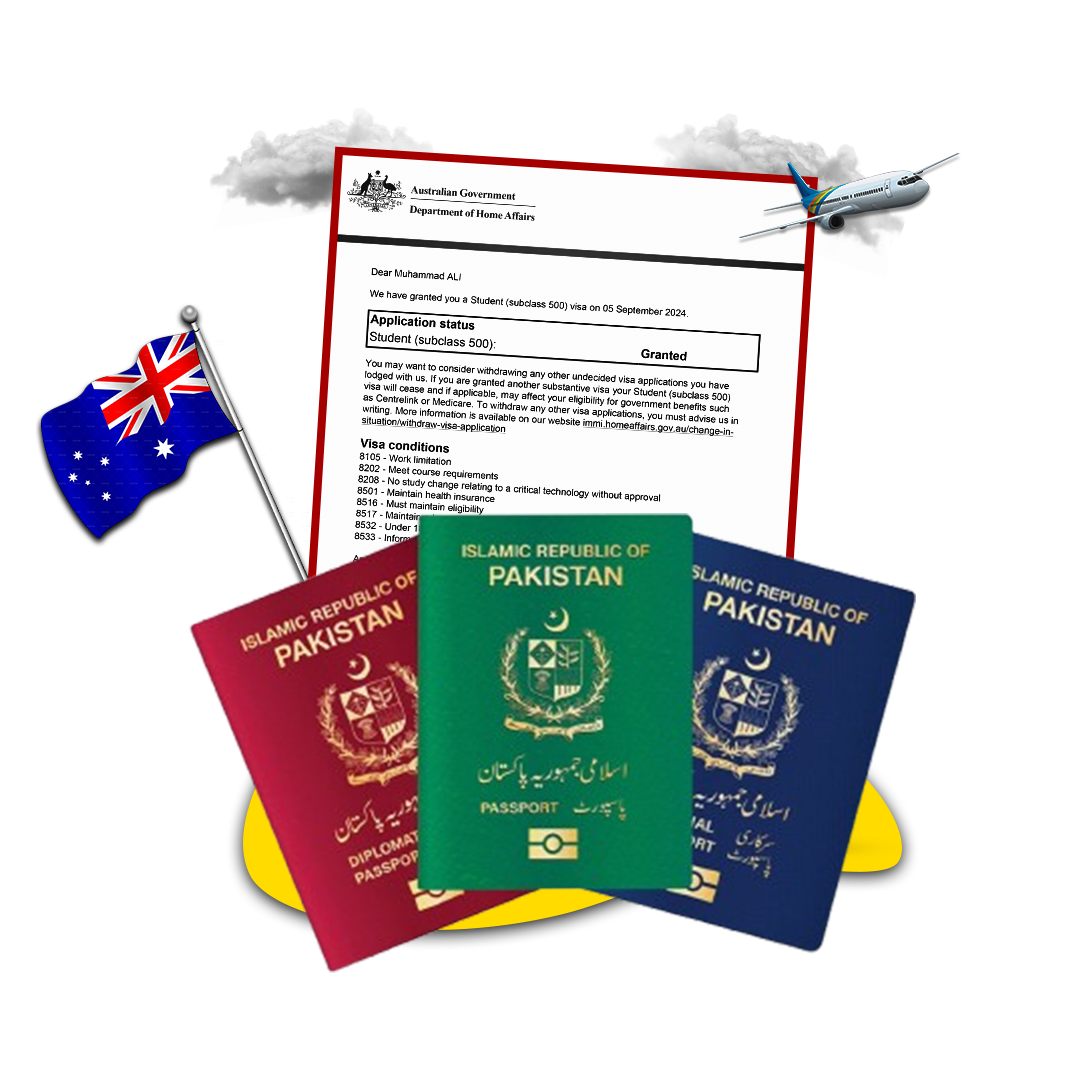 A collage of travel-related items against a white background. Central to the image is a pair of overlapping passports, one from the Islamic Republic of Pakistan and another unidentifiable due to its partial view. Behind the passports, Australia student visa granted there’s a flag that appears to be from Australia, partially obscured by cloud graphics. On the right side, an airplane is in flight angled towards the upper right corner of the image. The entire composition is overlaid on top of two intersecting circles with shades of blue and yellow