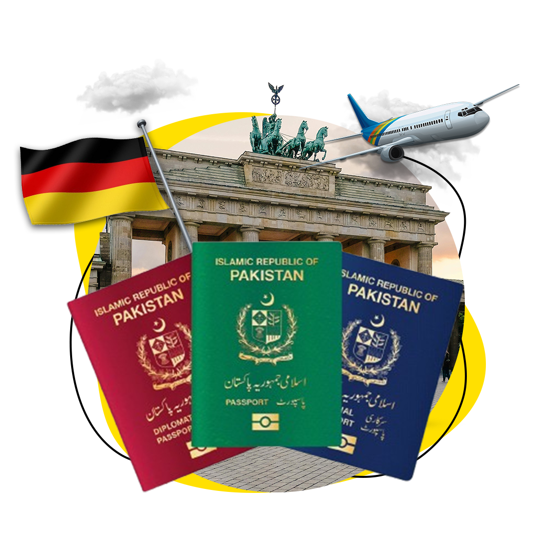 A digital collage featuring prominent symbols of travel and nationality. At the center, two Pakistani passports overlap, one open to display the national emblem and the other closed showing the cover. Behind them stands the Brandenburg Gate, a notable German landmark, with its quadriga visible on top. The German flag is partially visible on the left side while a white commercial airplane with ‘Lufthansa’ written on it flies in from the top right corner. The background consists of a globe element and light cloud imagery, suggesting international travel or relations between Pakistan and Germany