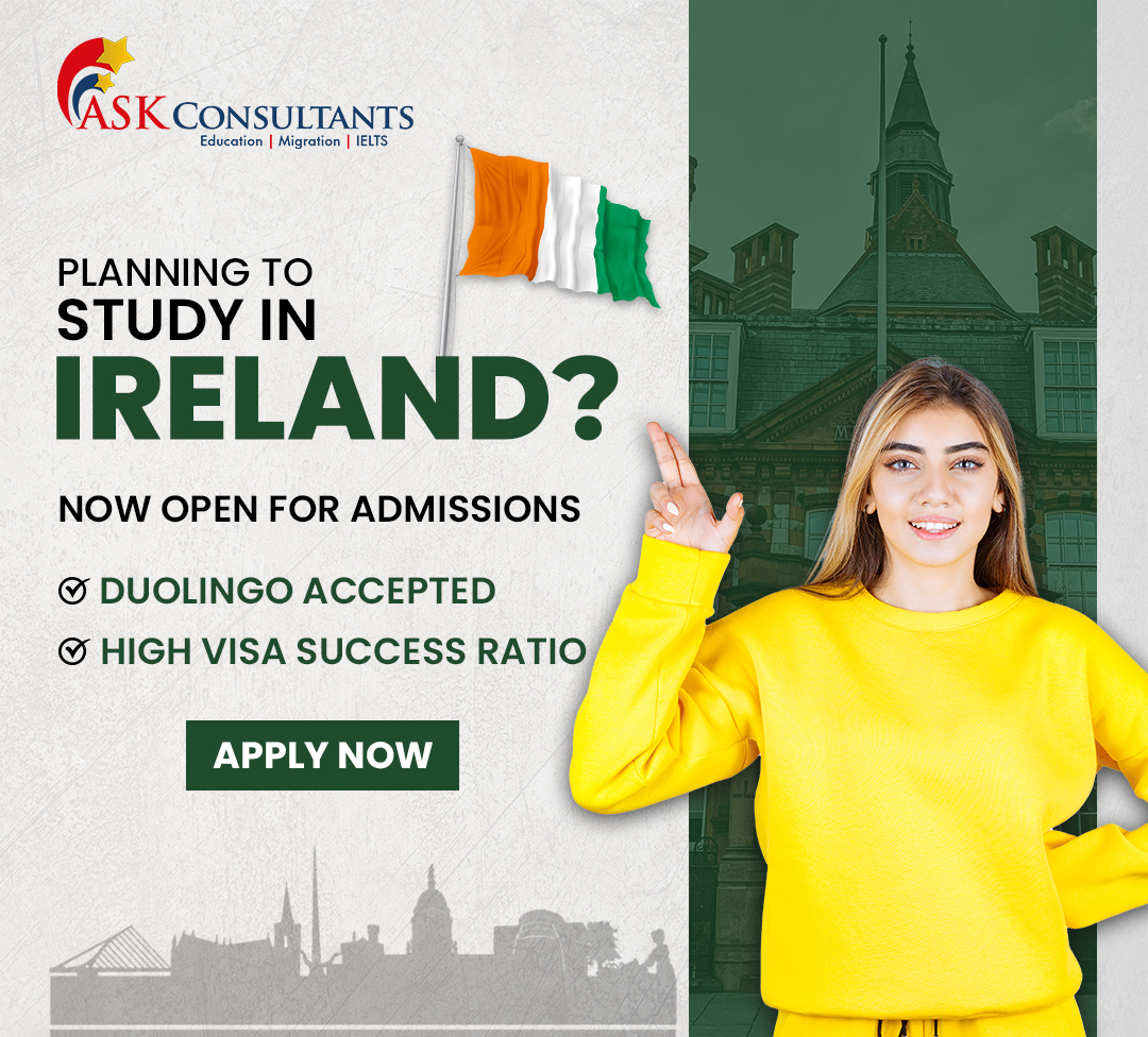 ASK Consultants promotional image for studying in Ireland. The image features a young woman pointing to the Irish flag with text highlighting admissions now open, Duolingo accepted, and a high visa success ratio. Includes contact information for ASK Consultants and a call-to-action button to 'Apply Now' for studying in Ireland.