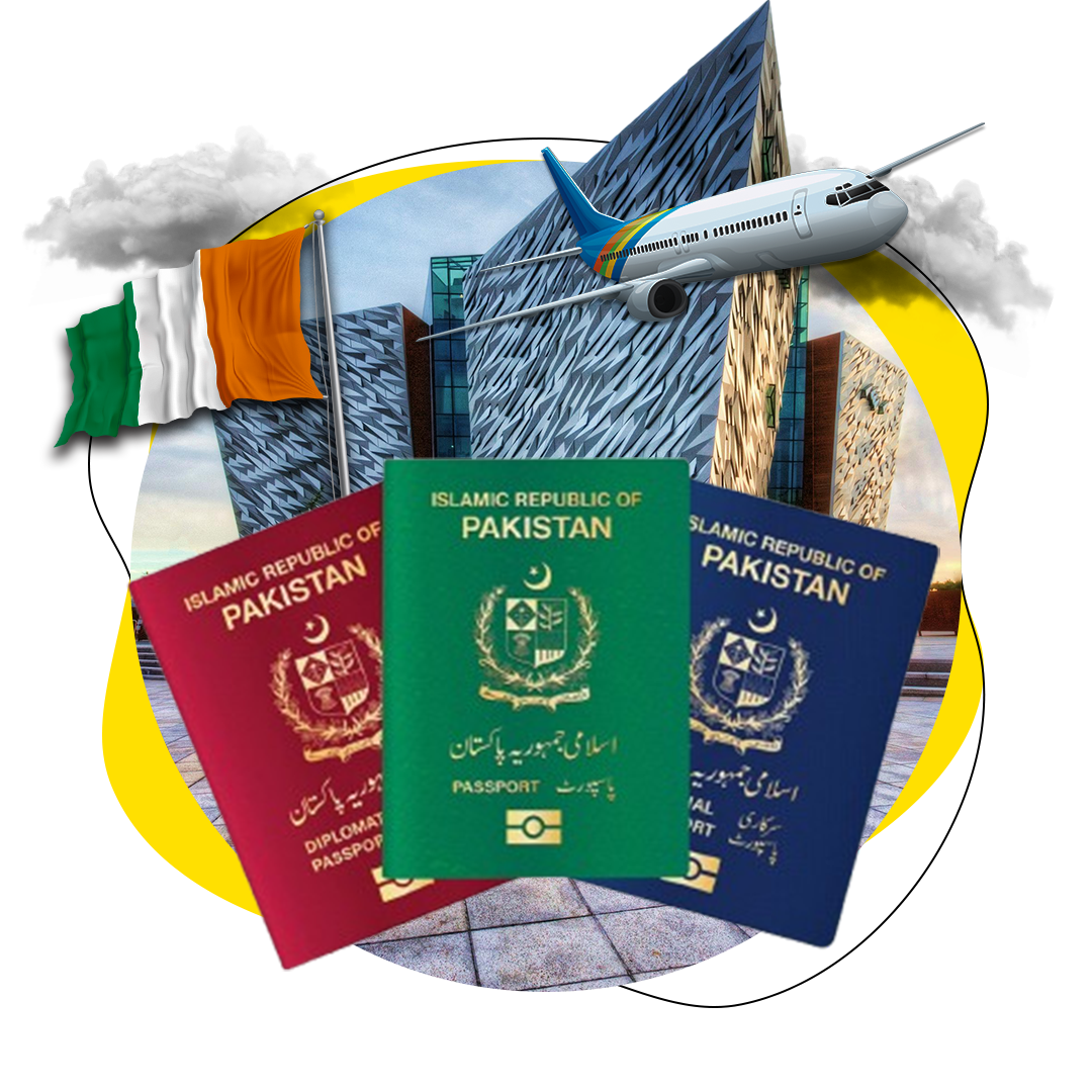 Image showing three Pakistani passports (diplomatic, official, and regular) in front of a modern architectural building, with the Irish flag and an airplane flying overhead, symbolizing travel and study opportunities in Ireland with ASK Consultants.