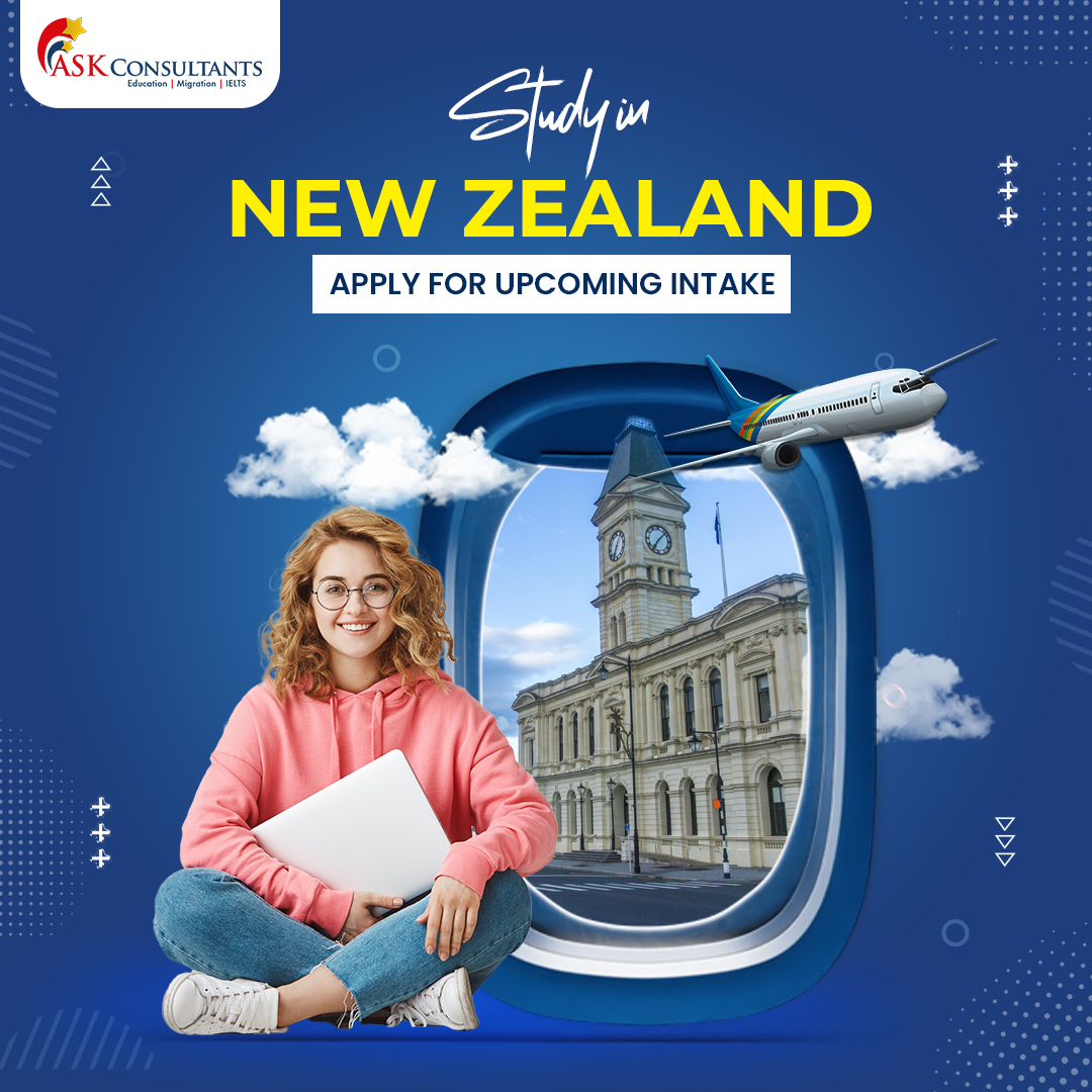 Promotional image for studying in New Zealand featuring a person sitting with a laptop in front of an airplane window, through which a New Zealand university building is visible. The text ‘Study in NEW ZEALAND - APPLY FOR UPCOMING INTAKE’ is prominently displayed at the top, with the logo of ASK Consultants on the upper left corner. Decorative elements include stars and geometric shapes around the edge with ASK Consultants.