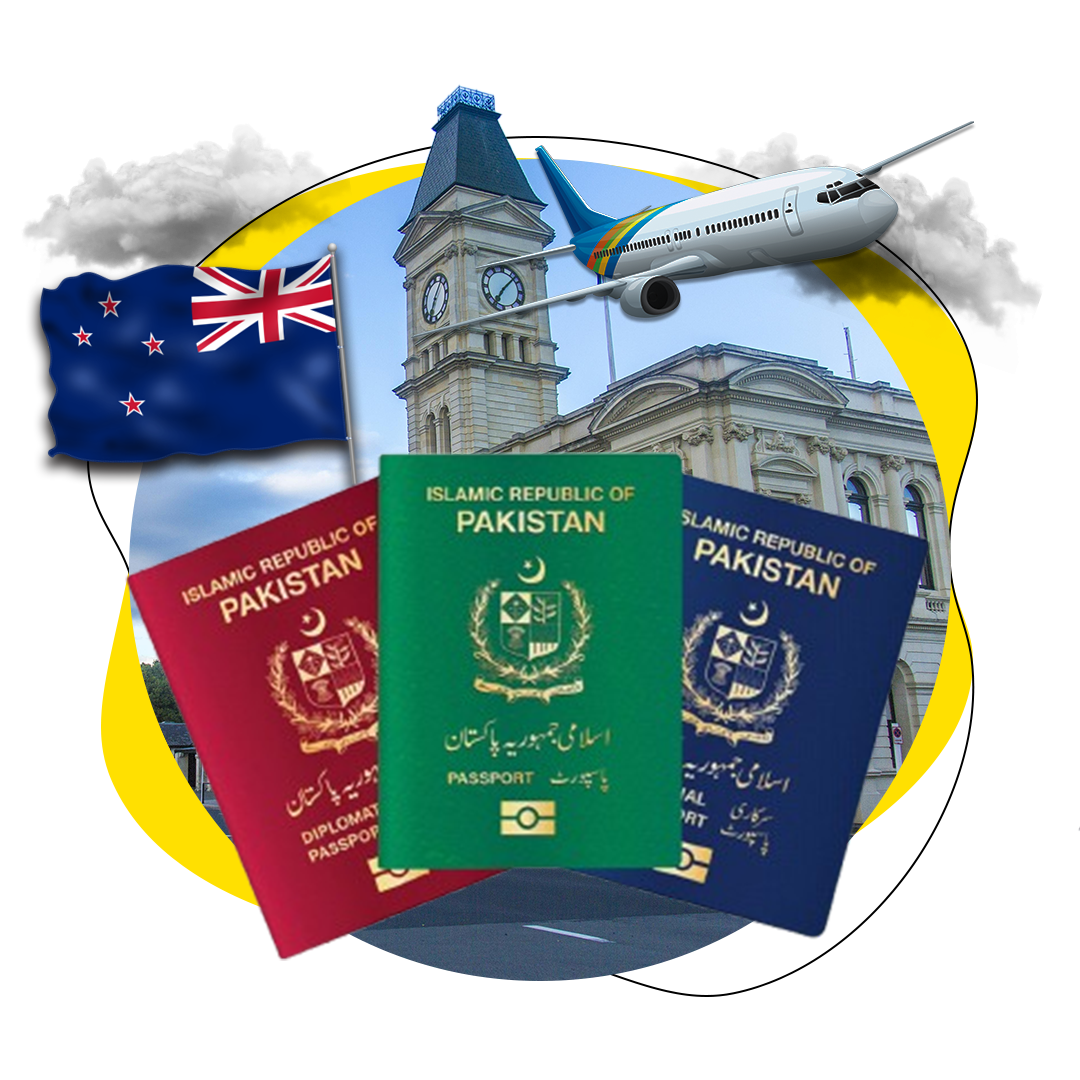 A collage of travel-related items against a white background. Central to the image is a pair of overlapping passports, one from the Islamic Republic of Pakistan and another unidentifiable due to its partial view. Behind the passports, part of a classical architecture building with columns is visible, along with a clock tower showing a time of ten past ten. To the left, there’s a flag that appears to be from New Zealand, partially obscured by cloud graphics. On the right side, an airplane is in flight angled towards the upper right corner of the image. The entire composition is overlaid on top of two intersecting circles with shades of blue and yellow